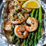 Shrimp and Asparagus Foil Packs with Garlic Lemon Butter Sauce
