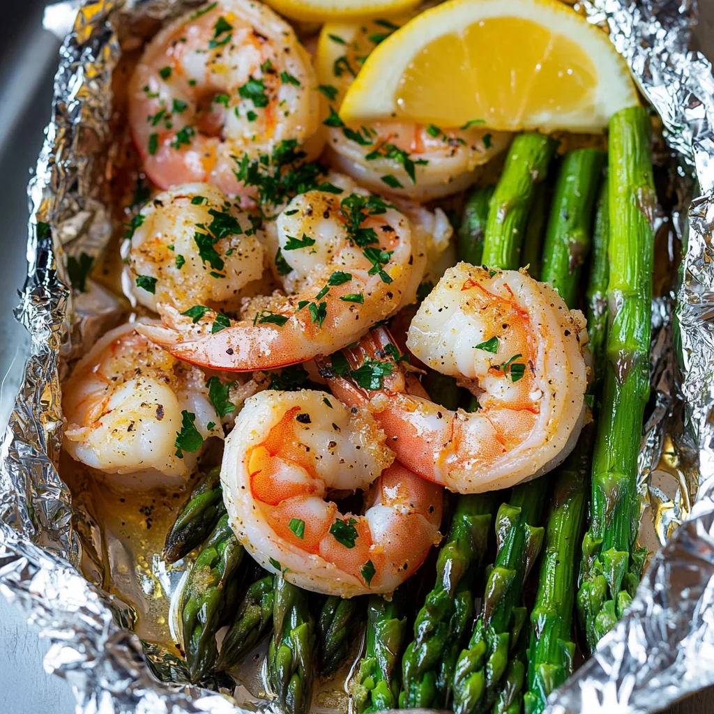 Shrimp and Asparagus Foil Packs with Garlic Lemon Butter Sauce