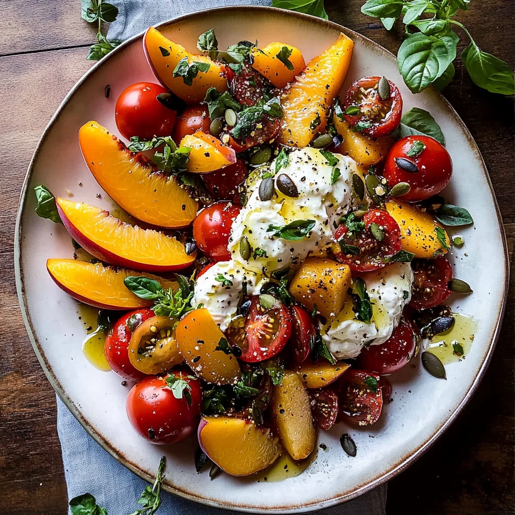 Tomato, Peach, and Burrata Salad