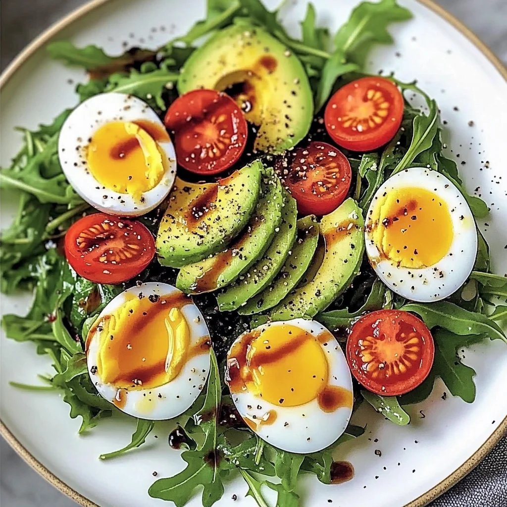 Avocado Arugula Salad with Jammy Eggs & Creamy Balsamic Drizzle