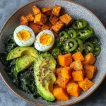 Avocado Power Plate with Jammy Eggs, Spinach & Sweet Potatoes