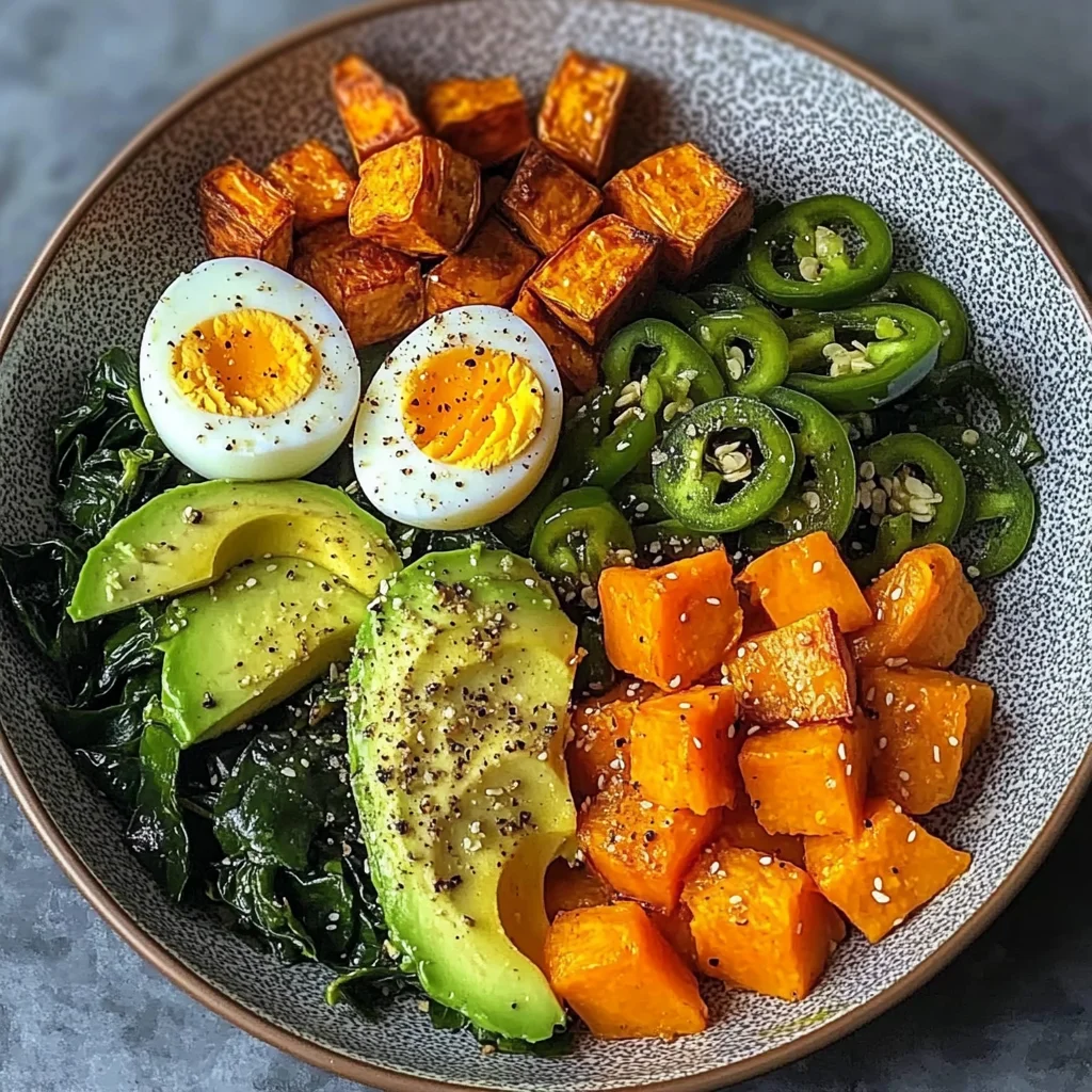 Avocado Power Plate with Jammy Eggs, Spinach & Sweet Potatoes
