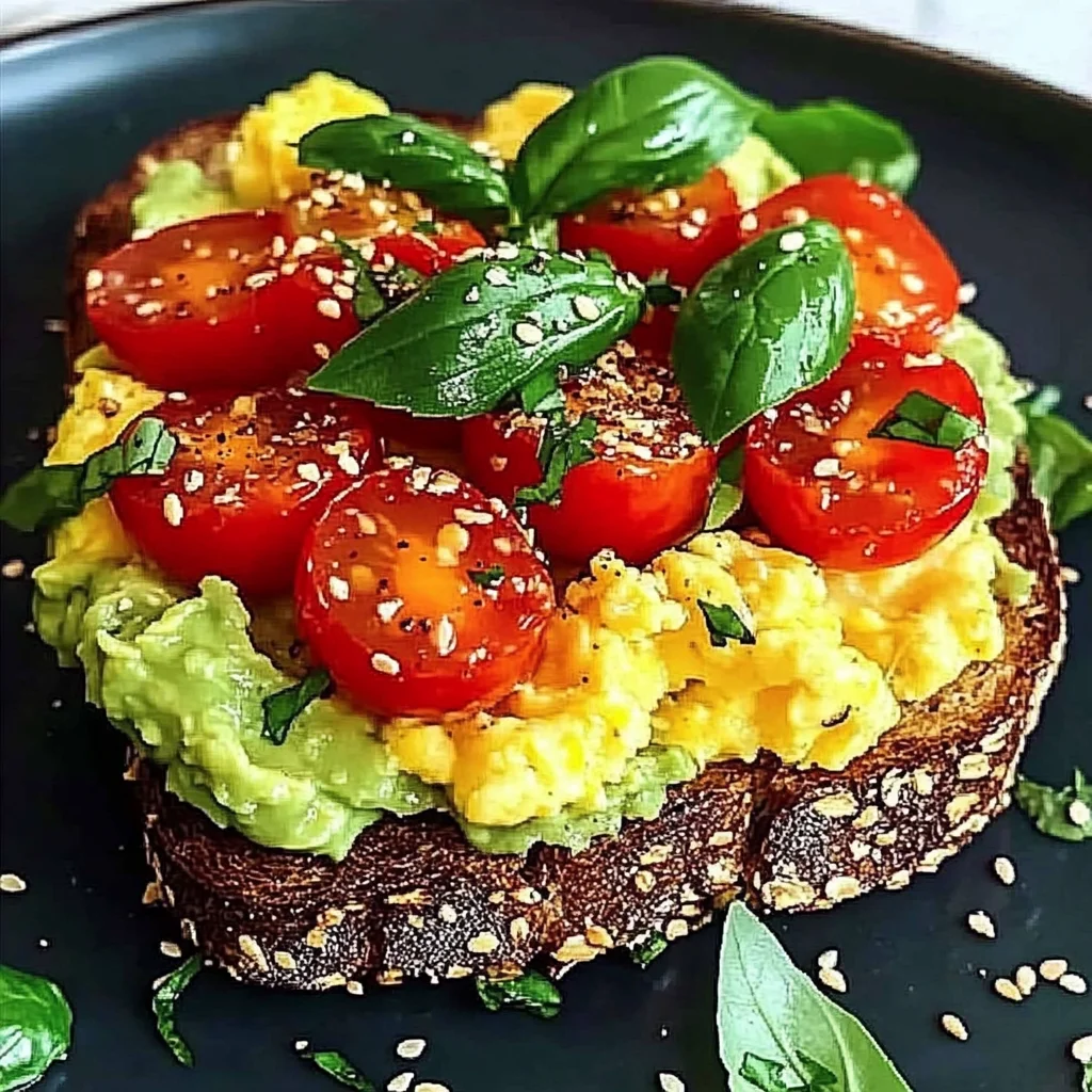 Avocado Toast with Scrambled Eggs and Tomatoes