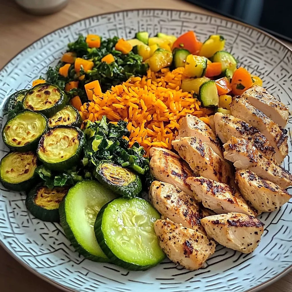 Colorful Chicken Veggie Plate with Carrot Rice & Salad