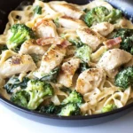 Creamy Chicken Alfredo with Spinach, Turkey Bacon, and Broccoli