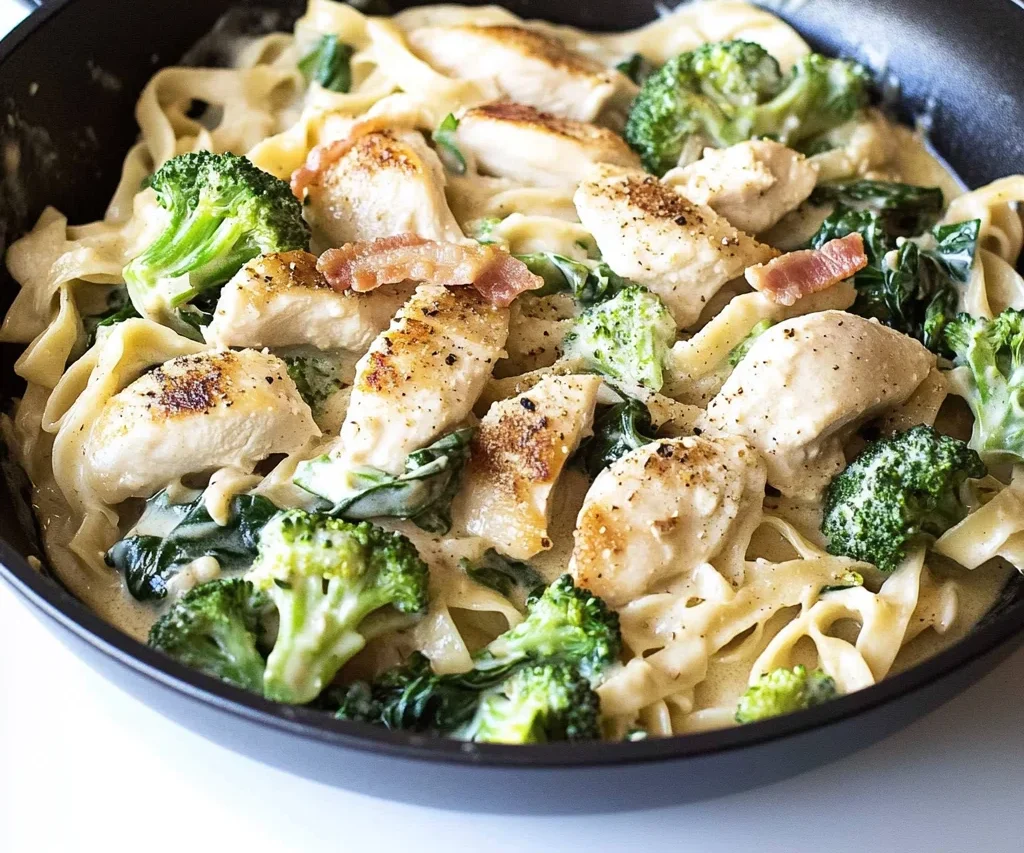 Creamy Chicken Alfredo with Spinach, Turkey Bacon, and Broccoli