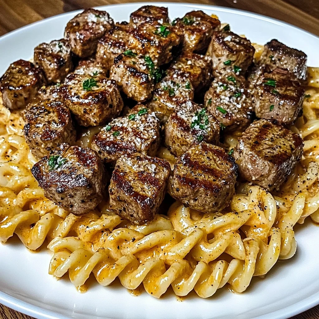Creamy Garlic Butter Steak Bites with Spicy Cajun Alfredo Twisted Pasta
