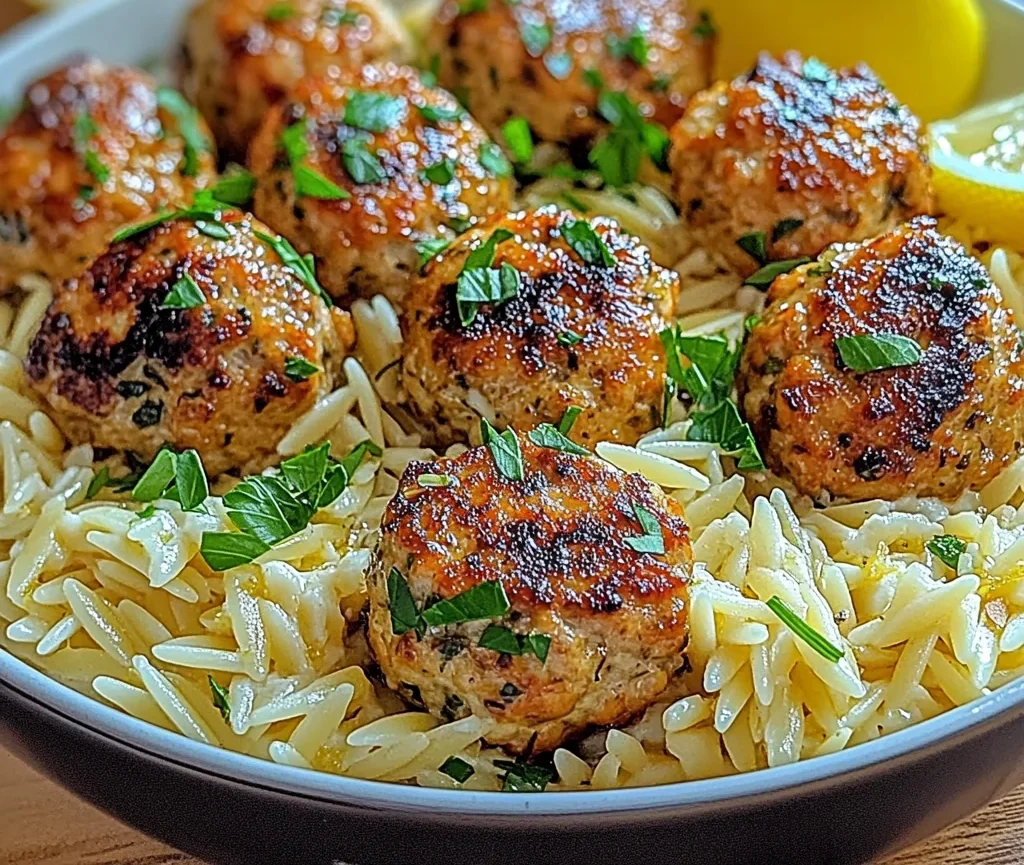 Greek Chicken Meatballs with Lemon Orzo