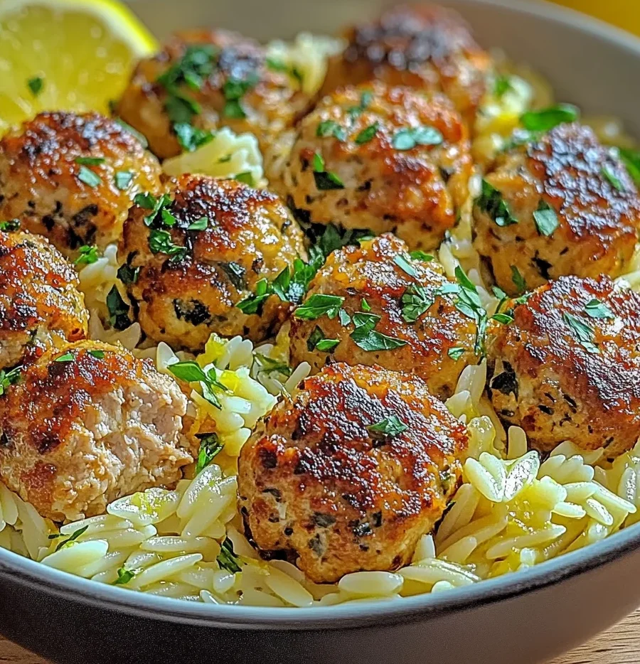 Greek Chicken Meatballs with Lemon Orzo