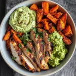 Grilled Chicken Power Bowl with Spiced Sweet Potato Wedges & Avocado Cream