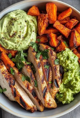 Grilled Chicken Power Bowl with Spiced Sweet Potato Wedges & Avocado Cream
