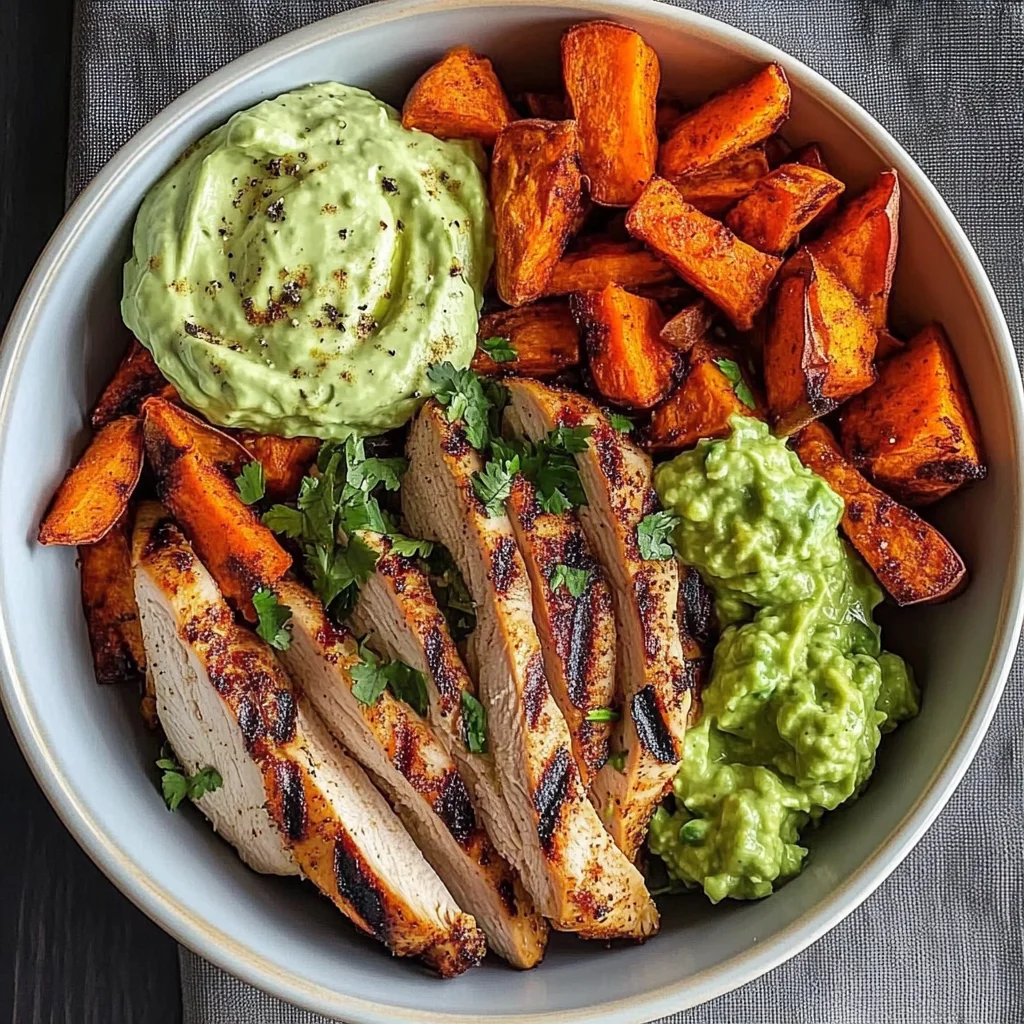 Grilled Chicken Power Bowl with Spiced Sweet Potato Wedges & Avocado Cream