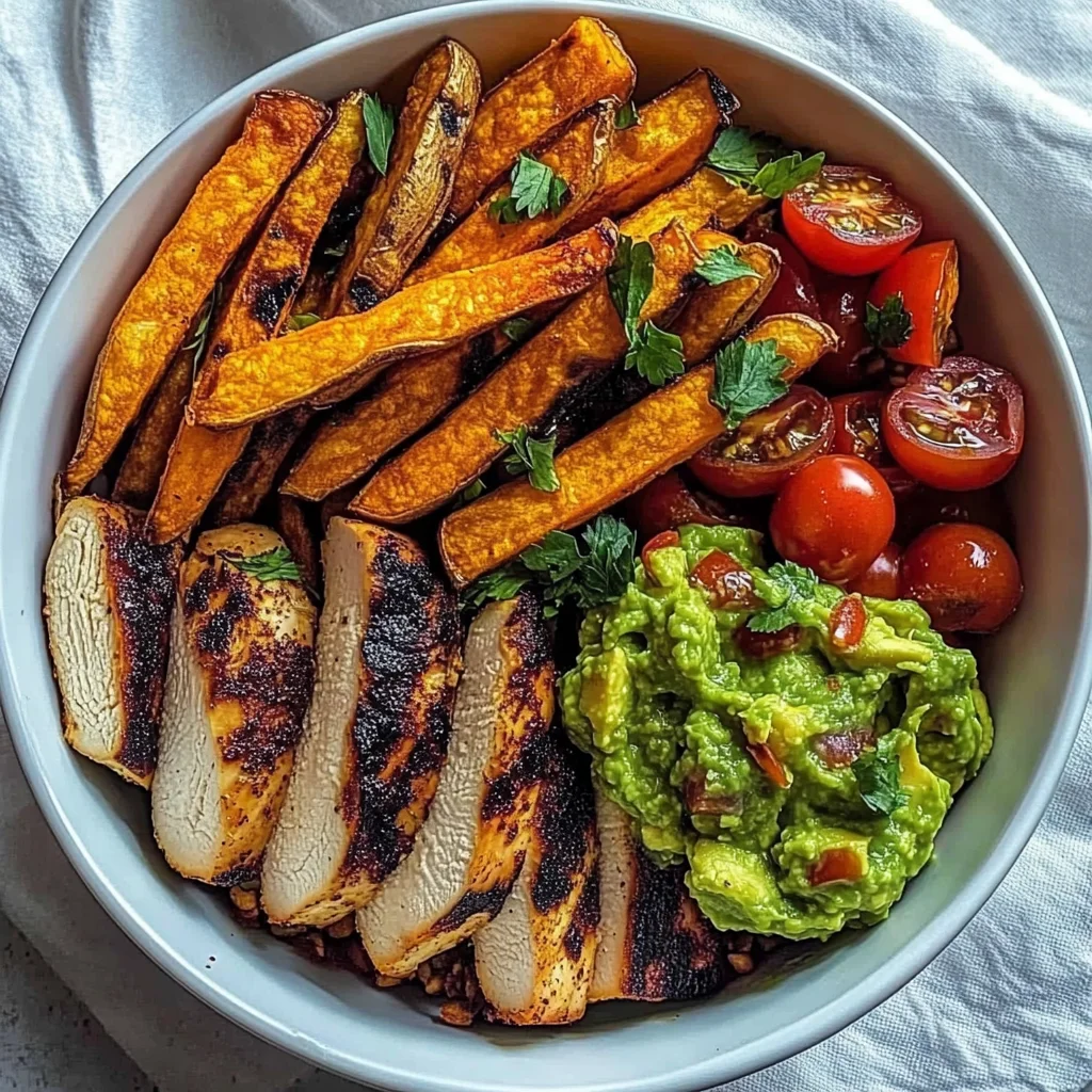 Grilled Chicken Power Bowl with Sweet Potato Fries & Fresh Guac