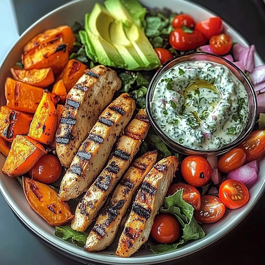 Grilled Chicken Power Plate with Sweet Potatoes & Avocado Salad