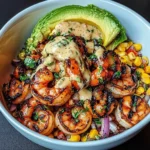 Grilled Shrimp Bowl with Avocado, Corn Salsa & Creamy Garlic Sauce