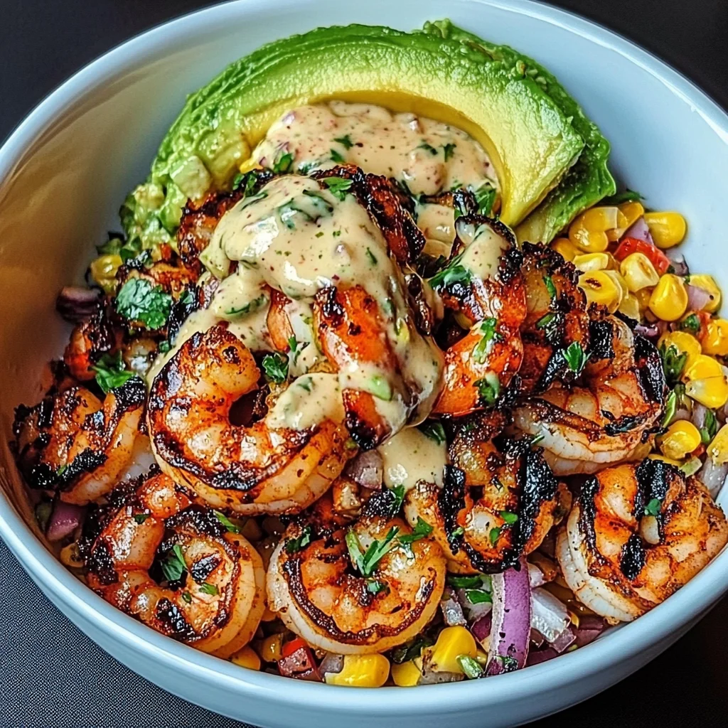 Grilled Shrimp Bowl with Avocado, Corn Salsa & Creamy Garlic Sauce