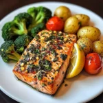 Herb-Crusted Salmon Plate with Garlic Potatoes & Veggies