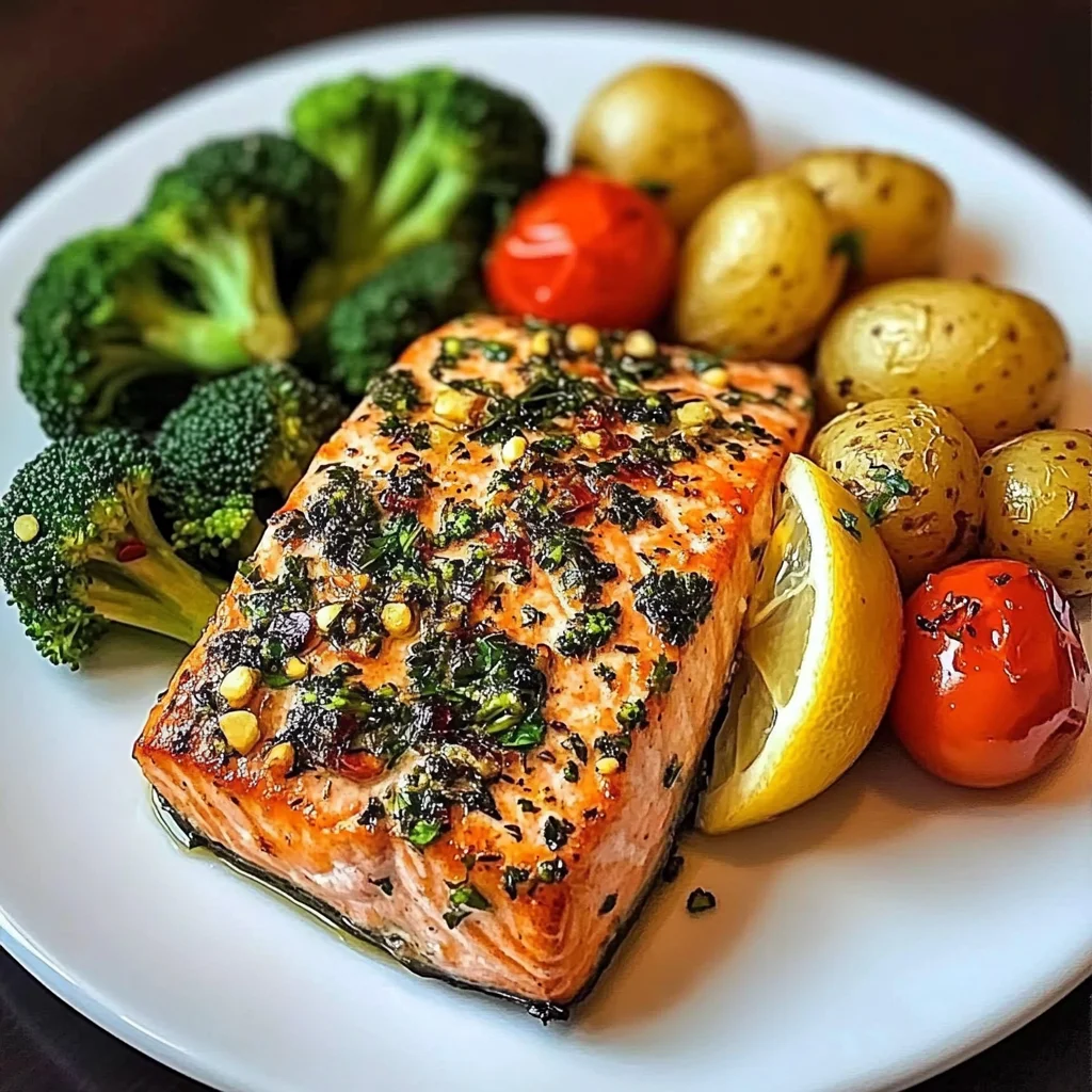 Herb-Crusted Salmon Plate with Garlic Potatoes & Veggies