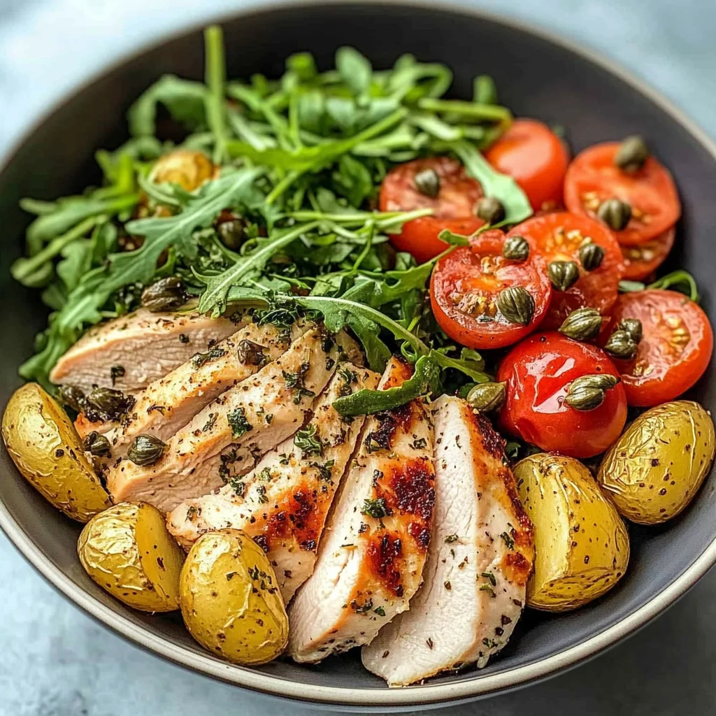 Herbed Chicken Bowl with Crispy Potatoes & Tomato Caper Salad