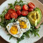 Poached Egg & Arugula Salad with Avocado, Tomato & Cream Cheese Toast