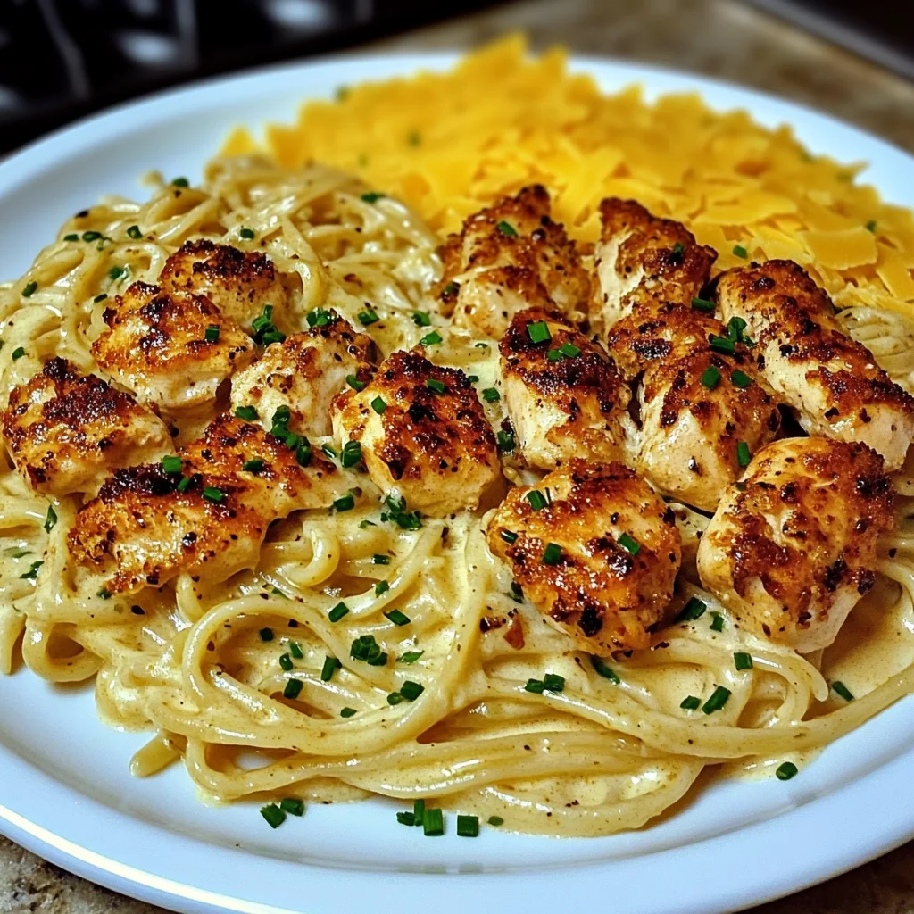 Spicy Garlic Chicken Linguine in Cheddar Parmesan Cream