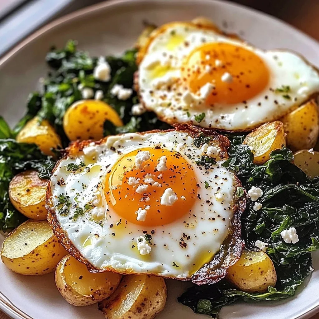Sunny Eggs with Golden Roasted Potatoes & Sauted Greens