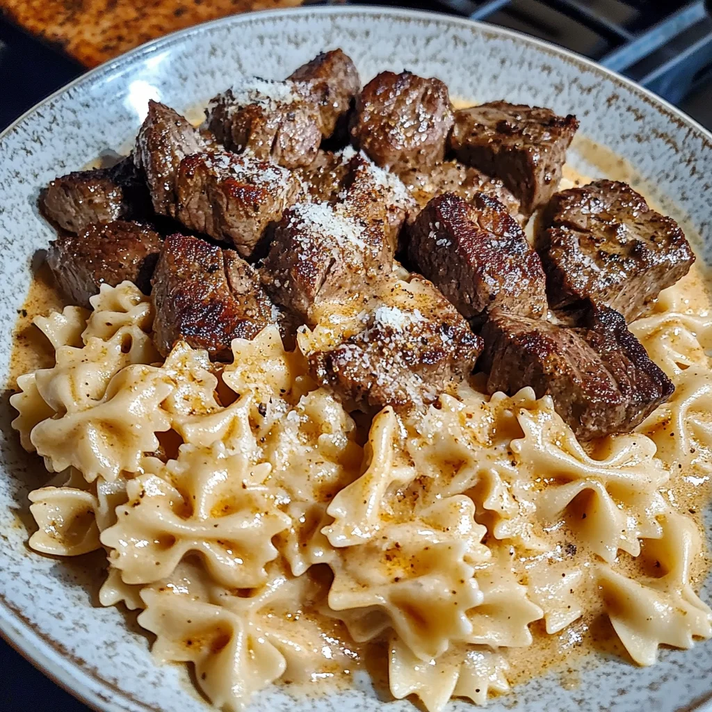 Cajun Steak Tips with Cheesy Parmesan Bowtie Pasta
