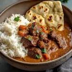 Creamy Coconut Curry Beef with Rice and Garlic Naan
