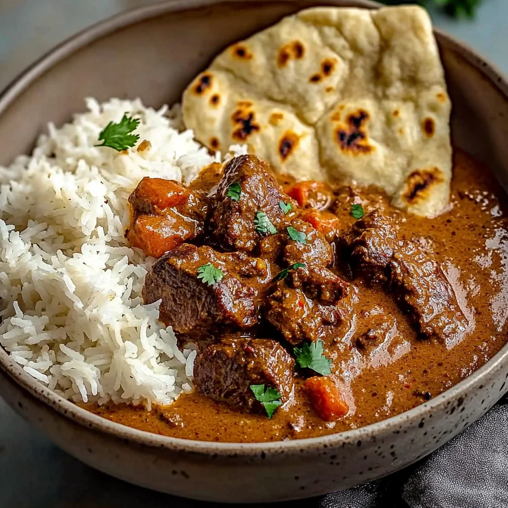 Creamy Coconut Curry Beef with Rice and Garlic Naan