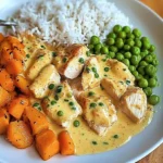 Creamy Garlic Chicken with Fluffy Rice and Glazed Carrots