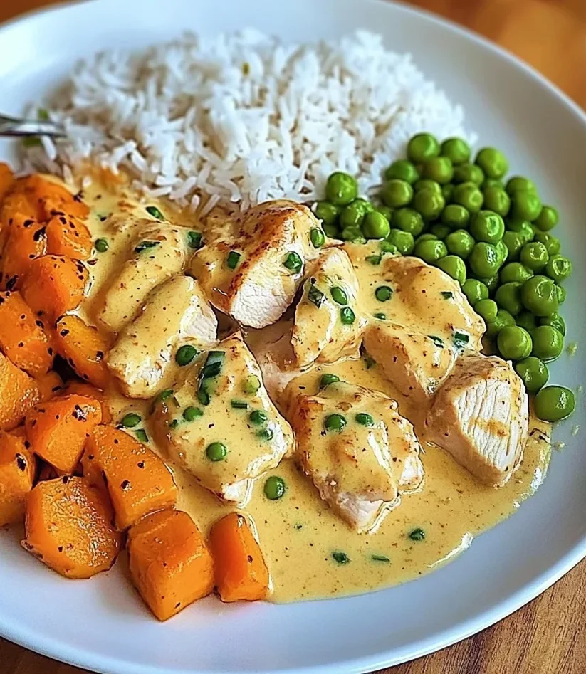 Creamy Garlic Chicken with Fluffy Rice and Glazed Carrots