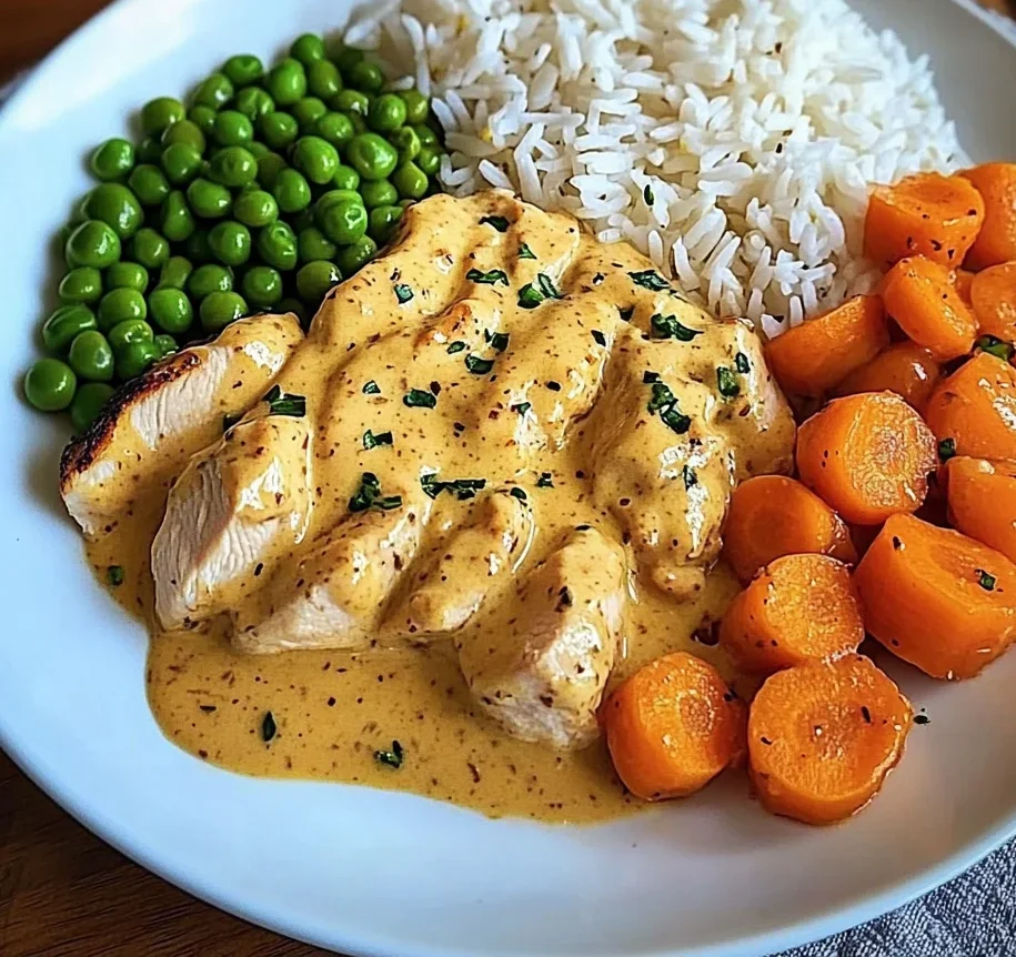Creamy Garlic Chicken with Fluffy Rice and Glazed Carrots