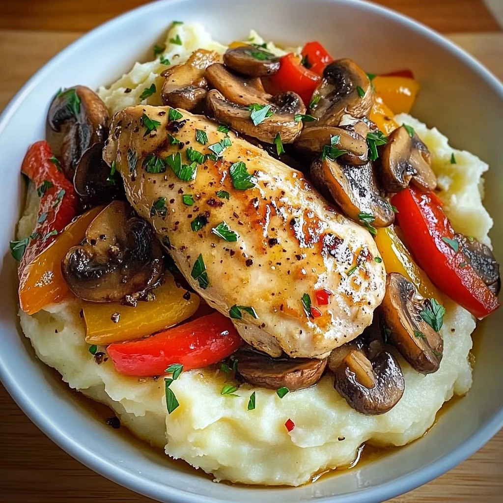 Garlic Butter Chicken with Mushrooms, Peppers & Mashed Potatoes