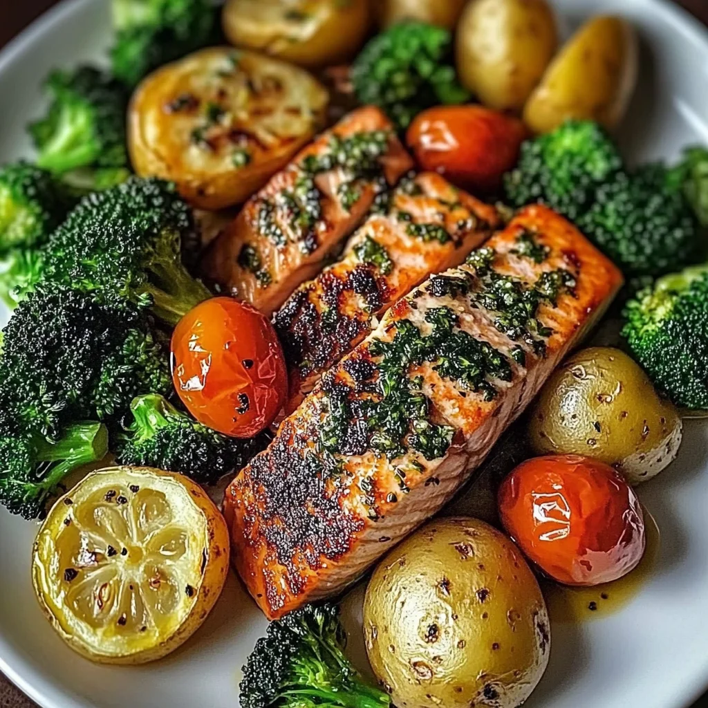 Garlic Butter Salmon with Roasted Veggies & Baby Potatoes