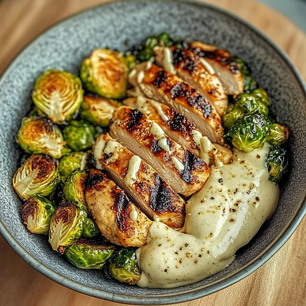 Grilled Chicken & Brussels Sprouts Bowl with Creamy Garlic-Parmesan Sauce