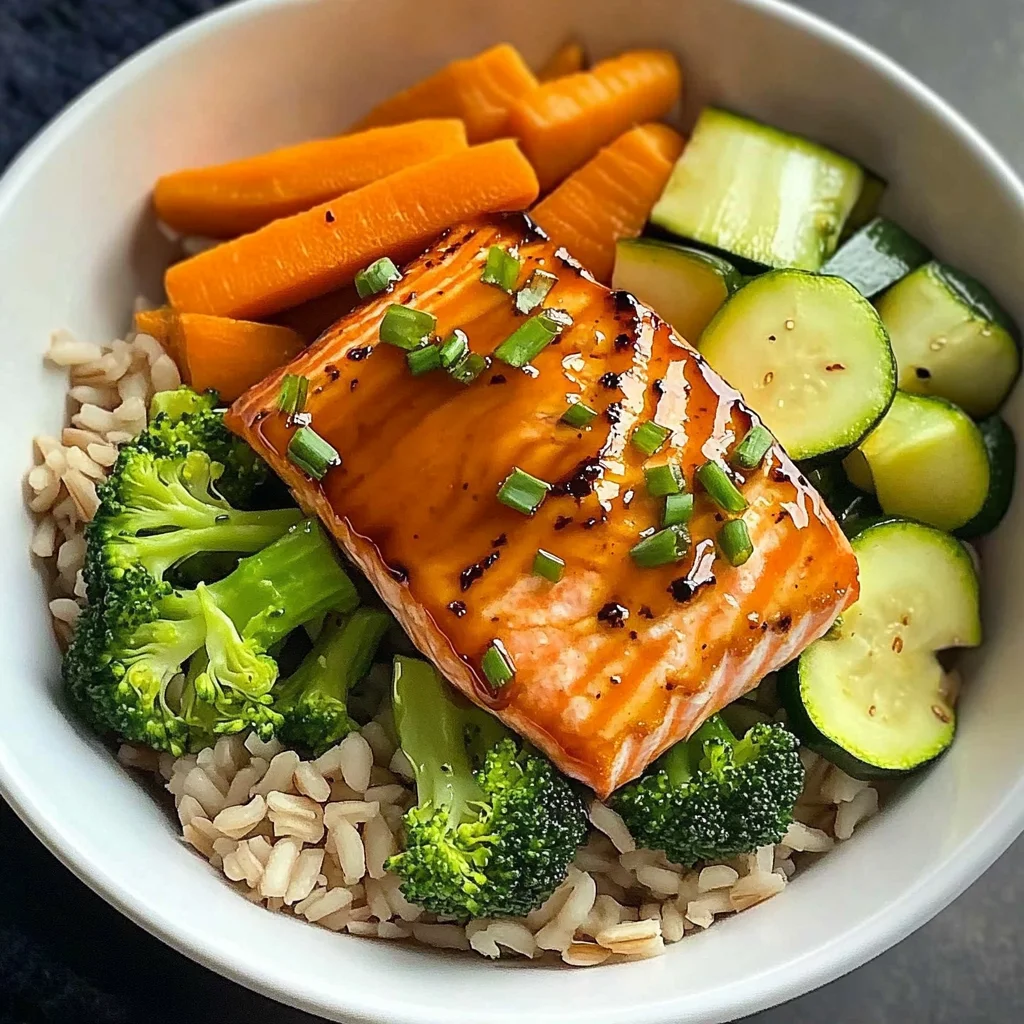 Honey-Glazed Salmon Bowl with Brown Rice & Steamed Veggies