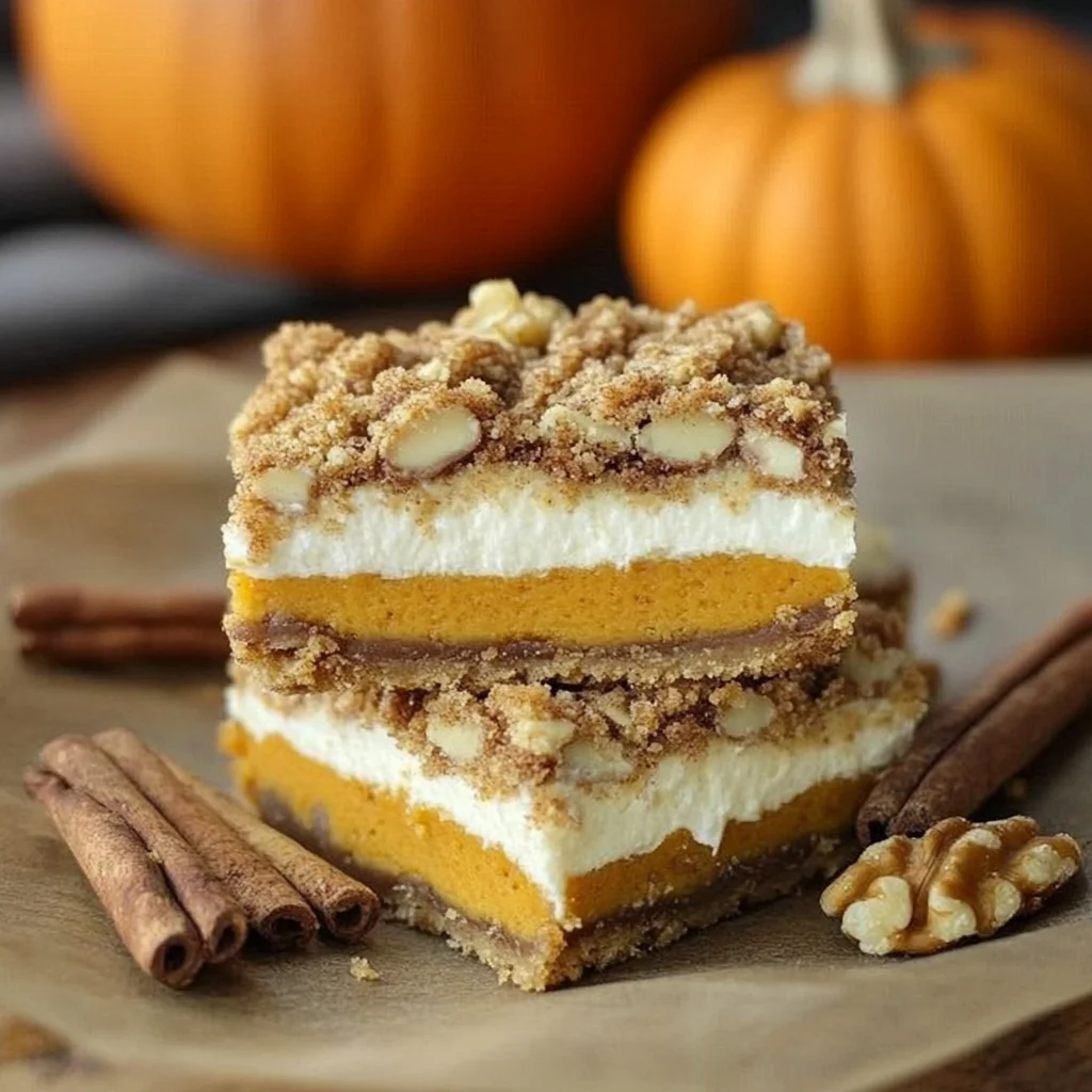 Pumpkin Cheesecake Bars with Walnut Crust and Streusel Topping