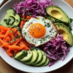 Rainbow Veggie and Sauerkraut Plate with Sunny Eggs