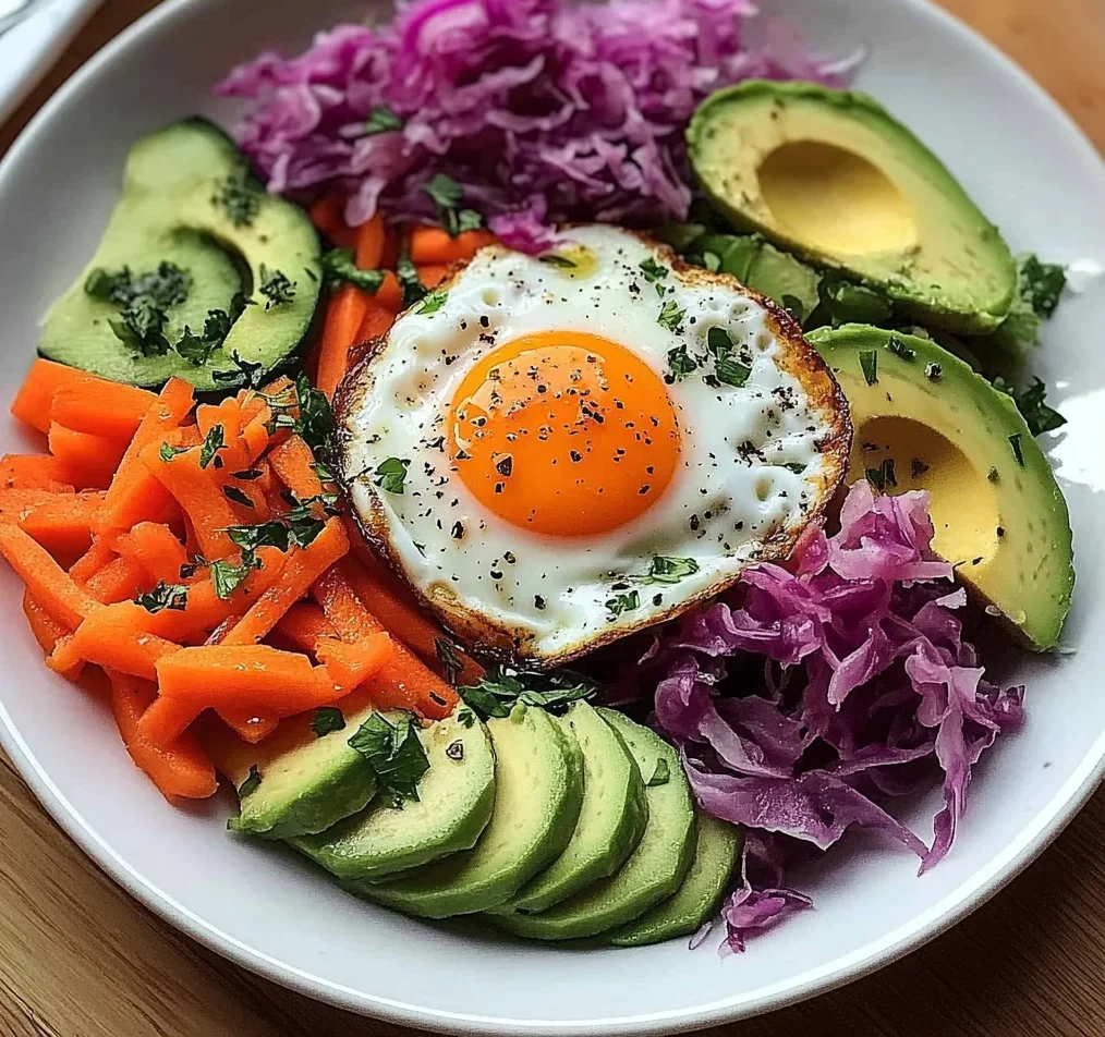 Rainbow Veggie and Sauerkraut Plate with Sunny Eggs