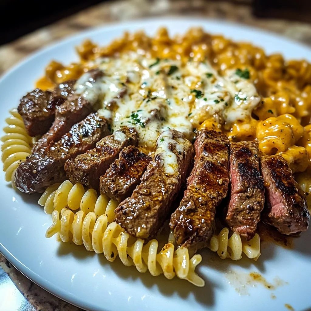 Spicy Garlic Butter Steak with Melted Mozzarella Rotini
