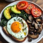 Sunny Eggs with Sauted Spinach, Mushrooms & Avocado Toast