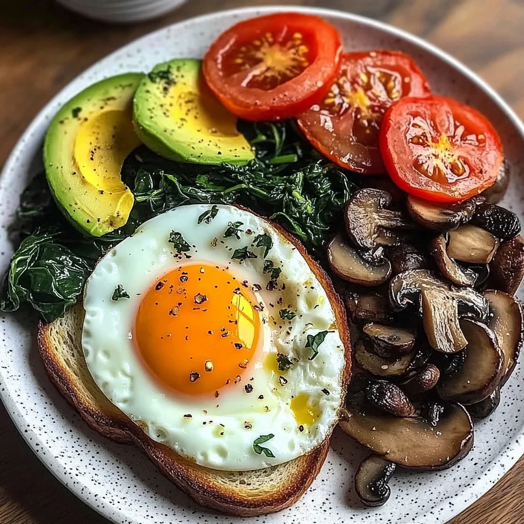 Sunny Eggs with Sauted Spinach, Mushrooms & Avocado Toast