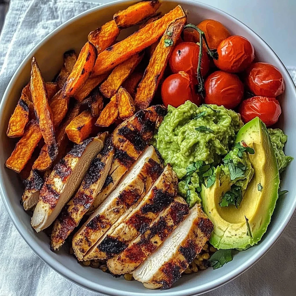 Grilled Chicken Power Bowl with Sweet Potato Fries & Fresh Guac