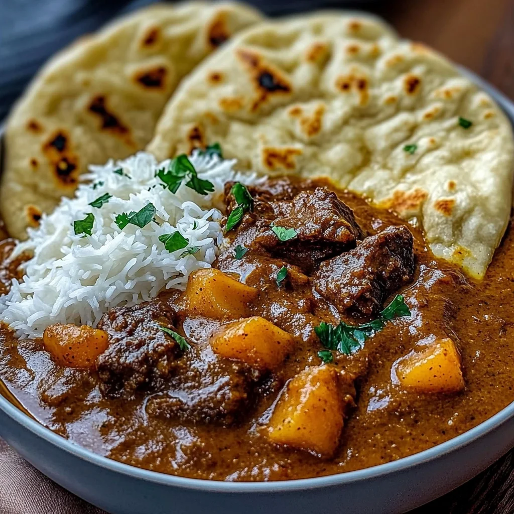 Slow-Cooked Beef Curry with Creamy Coconut Sauce & Garlic Naan
