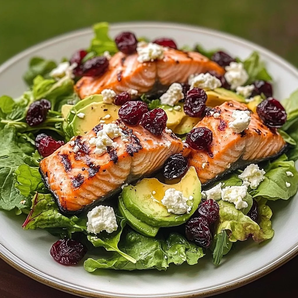Grilled Salmon & Avocado Salad with Cranberries and Feta