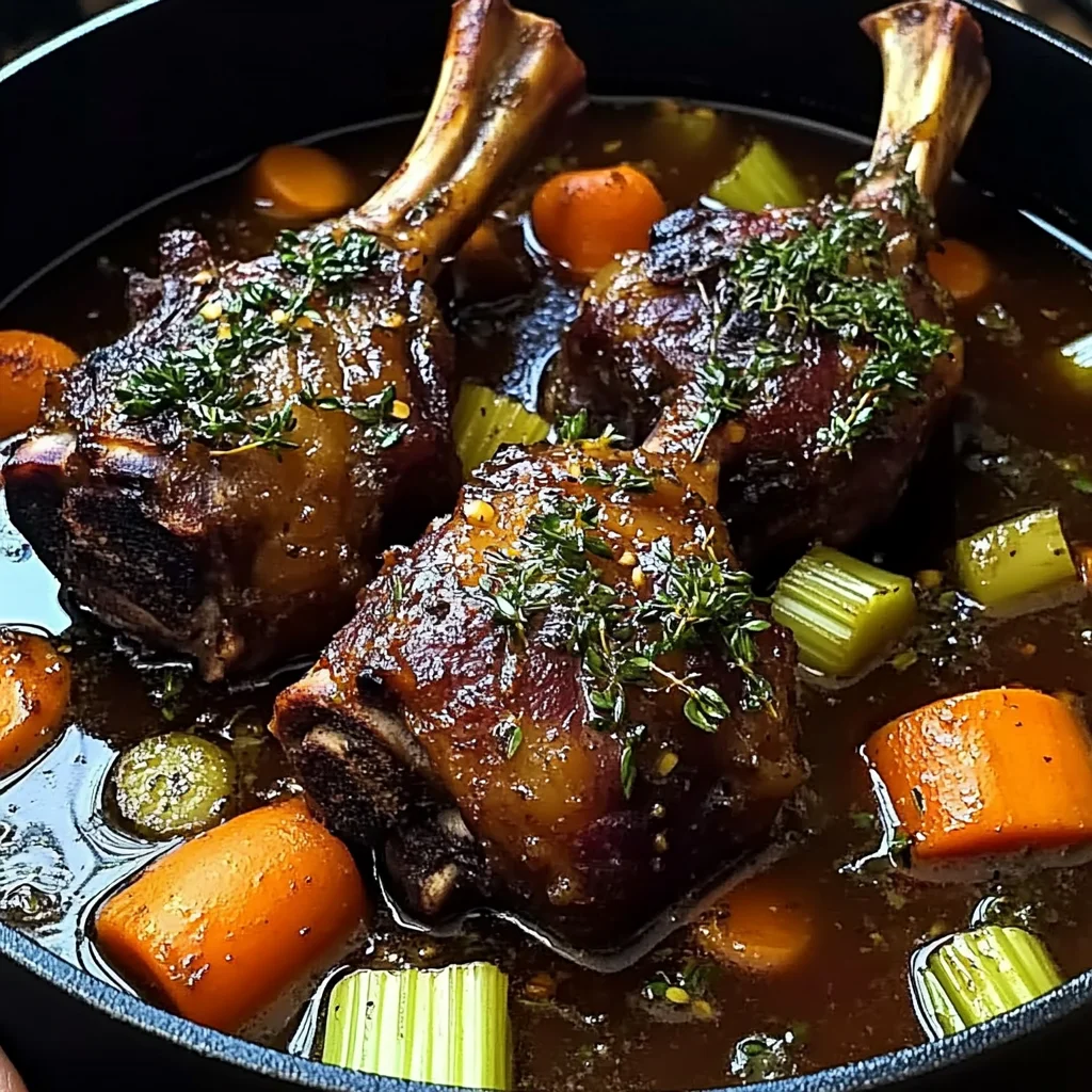 Braised Lamb Shanks with Aromatic Herb Gravy and Root Vegetables
