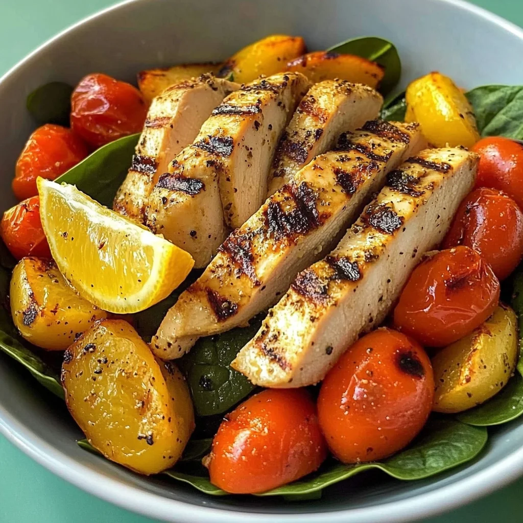 Grilled Chicken & Root Veggie Bowl with Spinach & Lemon