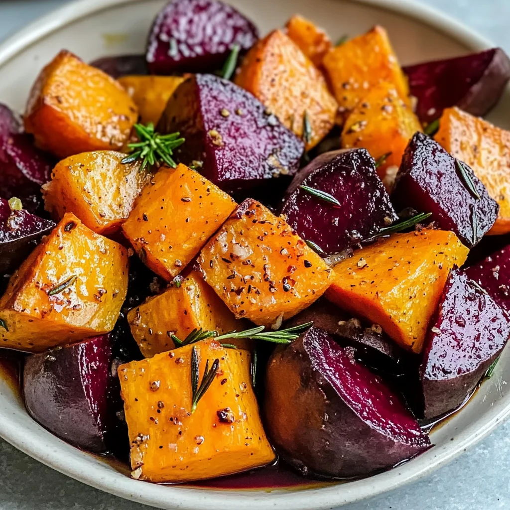 warm garlic roasted sweet potatoes and beets with rosemary for budget meals