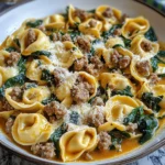 Garlic Butter Tortellini in Creamy Sauce with Beef, Italian Sausage & Spinach